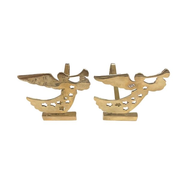 Vintage Heavy Brass Angel Stars Trumpet Long Arm Stocking Holder Set of 2 - Picture 7 of 7